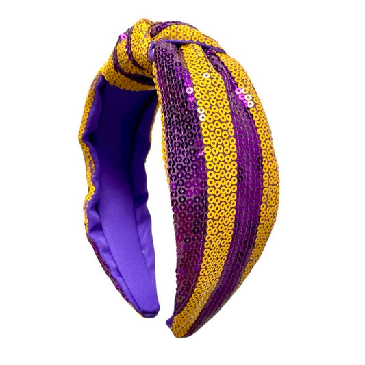 Stripe Sequin Knotted Headband, Purple & Gold