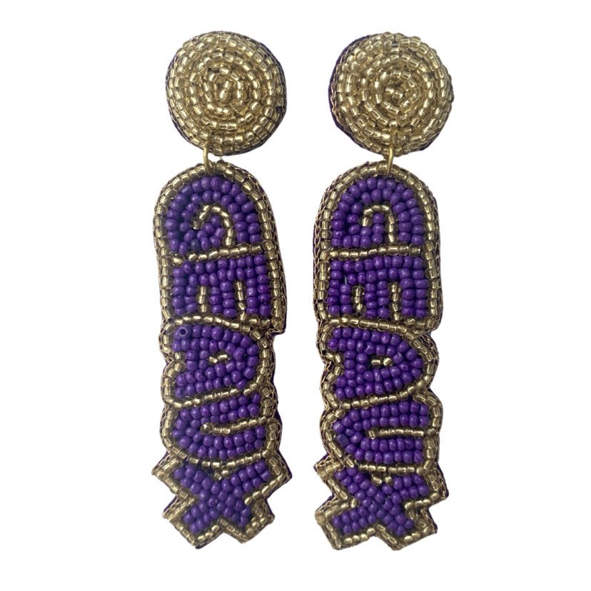 Geaux Beaded Dangle Earrings, Purple & Gold