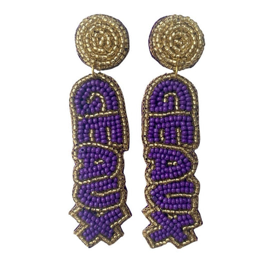 Geaux Beaded Dangle Earrings, Purple & Gold