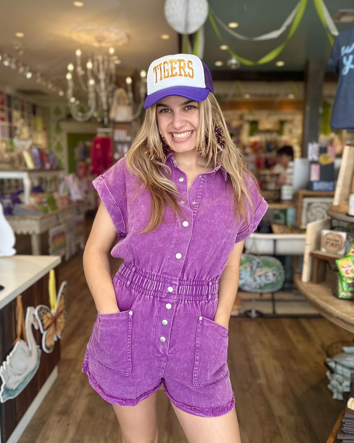 Pocketed Denim Romper, Purple