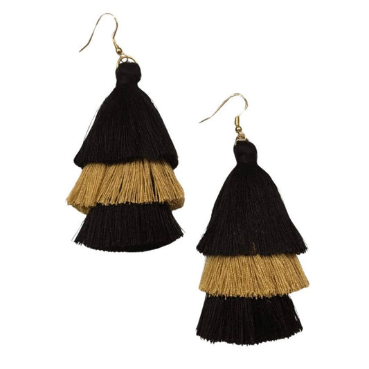 Black & Gold Triple Tassel Earrings