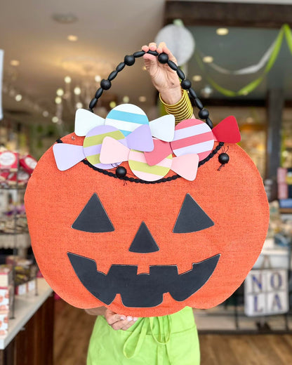 Pumpkin Candy Pail Burlap Door Hanger