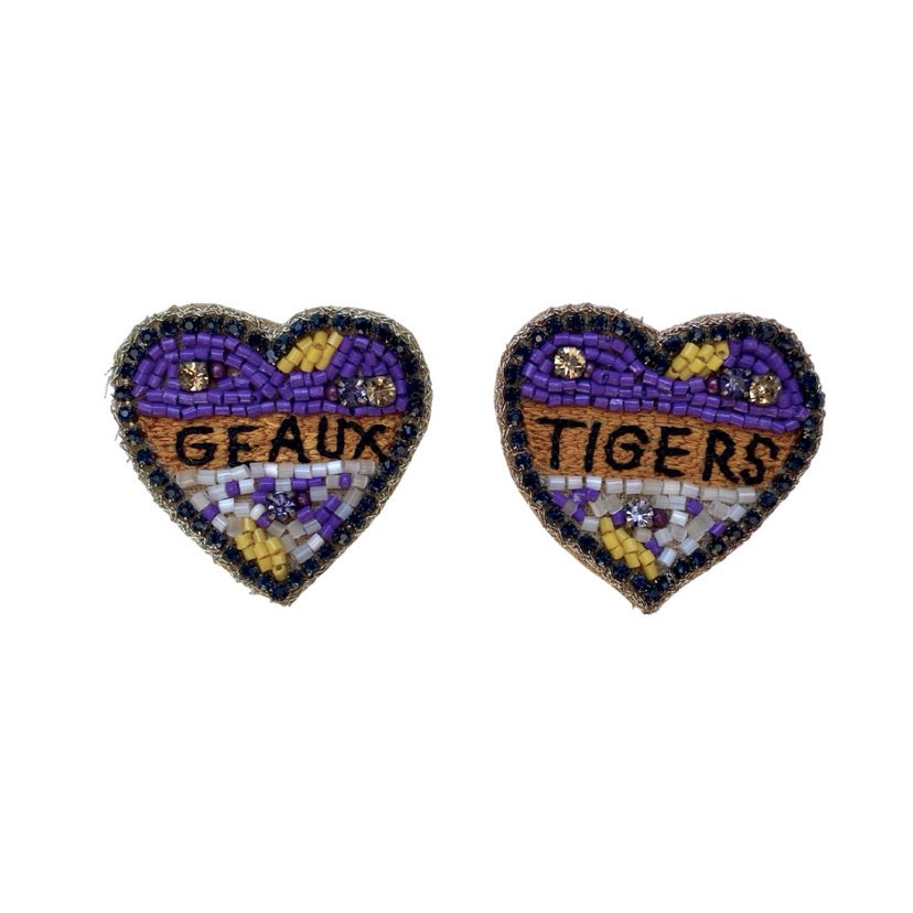 Beaded Heart Earrings, Geaux Tigers