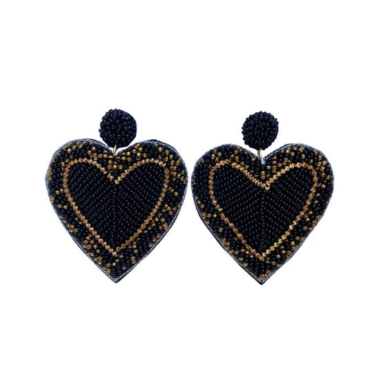 Beaded Heart Earrings, Black & Gold