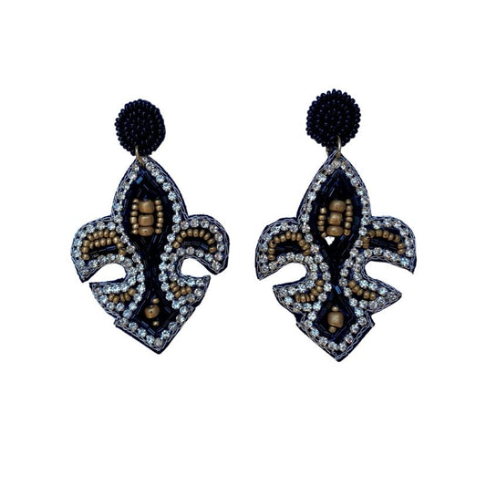 Rhinestone Fleur de Lis Beaded Earrings, Black & Gold