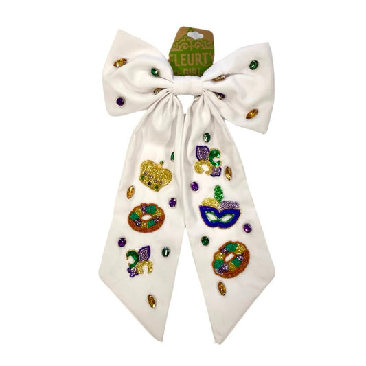 Mardi Gras Bedazzled Bow, White