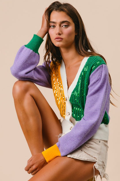 Mardi Gras Sequin Color Block Cardigan