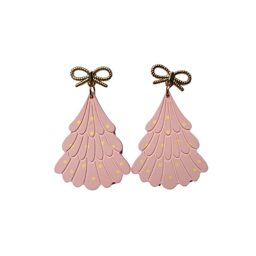 Pink Tree Gold Bow Earrings