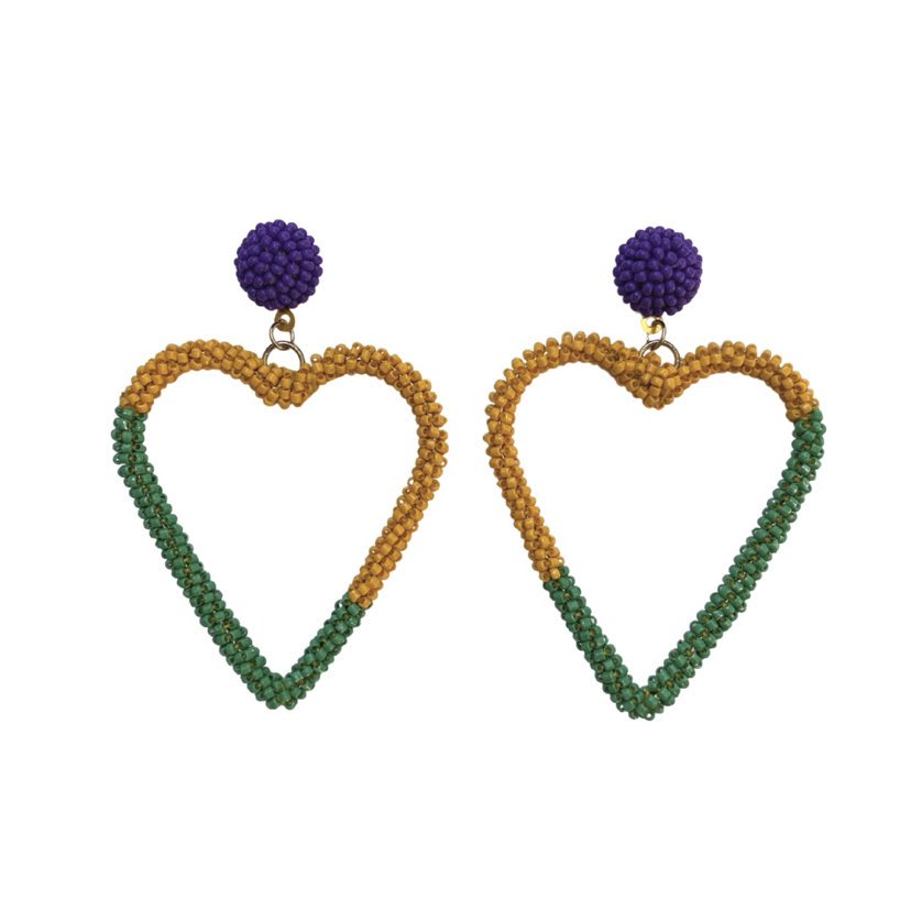 Mardi Gras Tri Color Heart Earrings