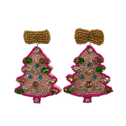 Bedazzled Christmas Tree Earrings, Pink