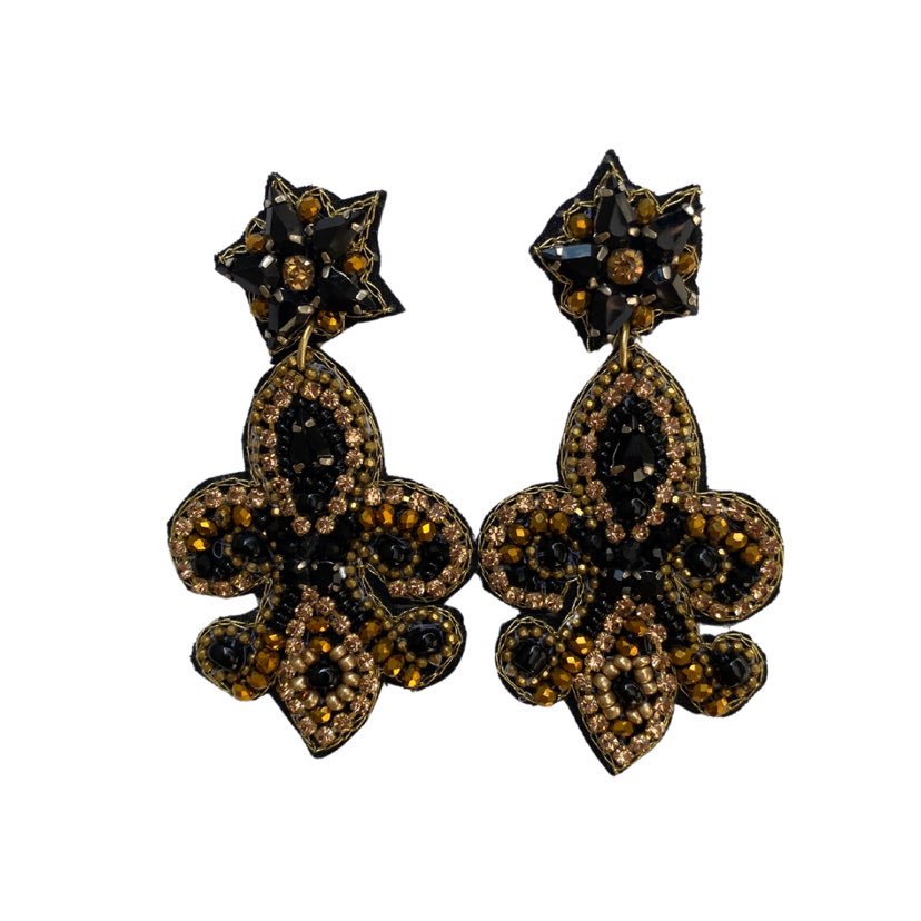 Black & Gold Gem Fleur de Lis Earrings