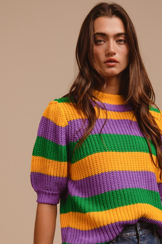 Mardi Gras Stripe Short Sleeve Knit Sweater – Fleurty Girl