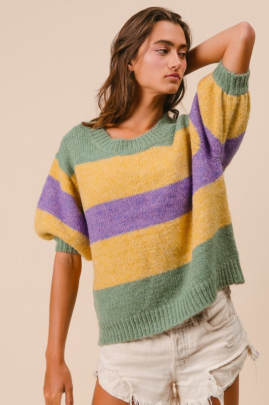 Mardi Gras Puff Sleeve Stripe Sweater