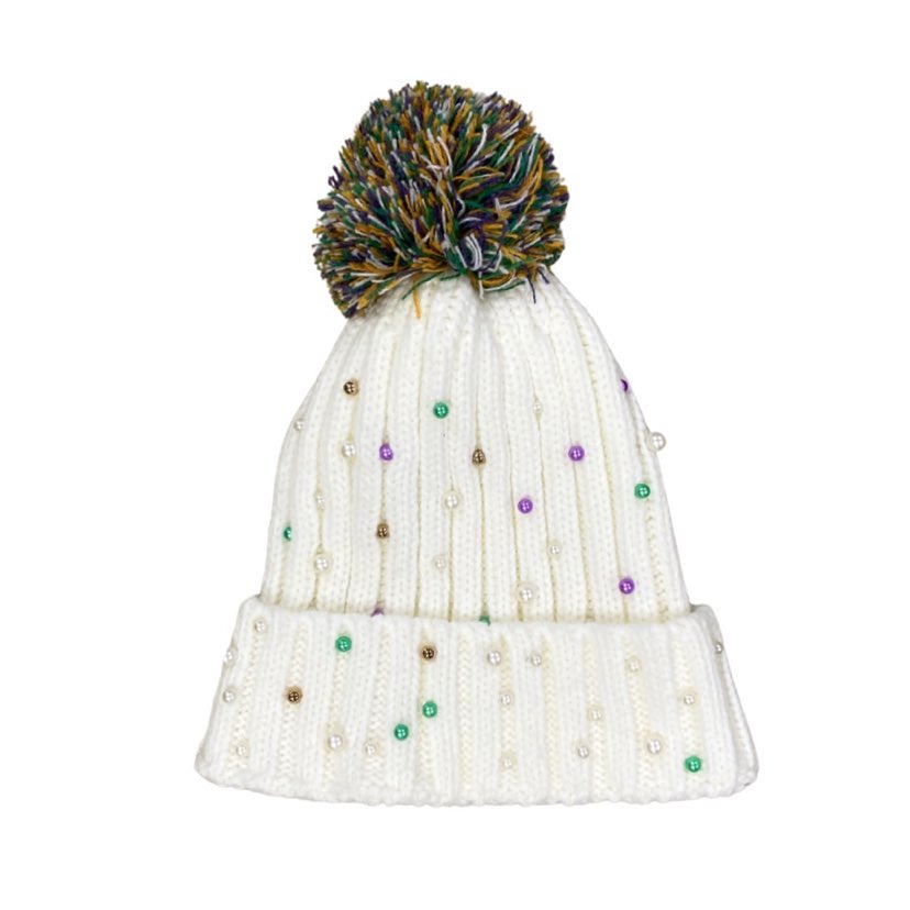 Mardi Gras Pearls Beanie with Pom