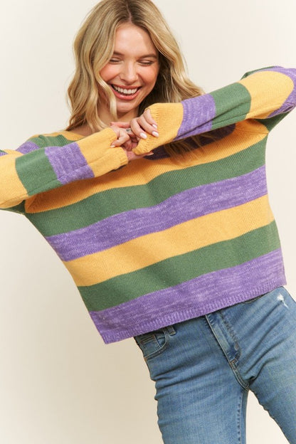 Mardi Gras Muted Stripe V-Neck Sweater