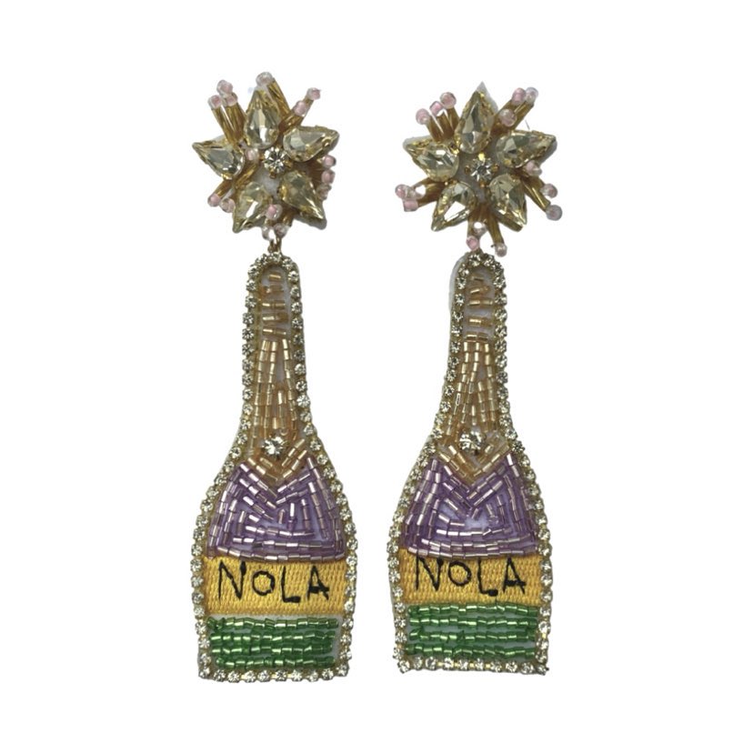 Mardi Gras NOLA Champagne Bottle Beaded Earrings