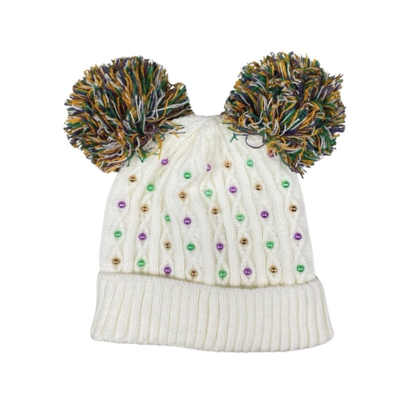 Mardi Gras Pearls Double Pom Beanie