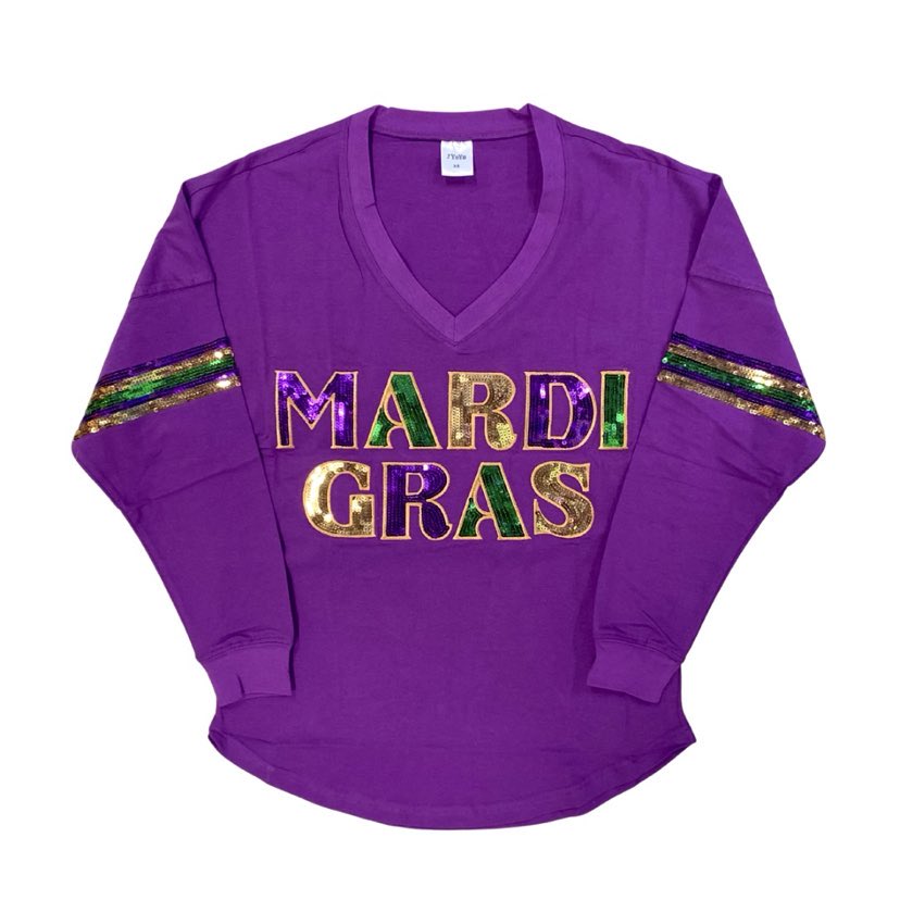 Purple Sequin Mardi Gras Long Sleeve V-Neck