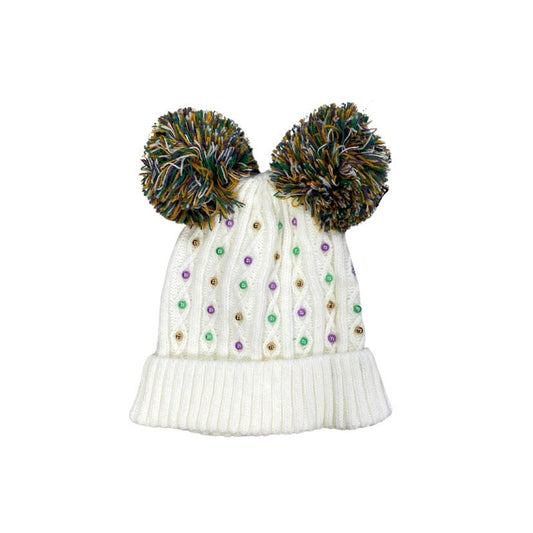 Mardi Gras Pearls Double Pom Beanie, Kids