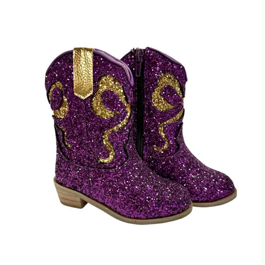 Purple & Gold Bow Glitter Boots, Kids