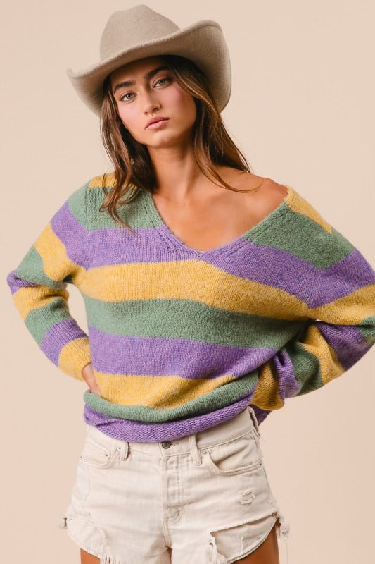 Mardi Gras V-Neck Stripe Sweater