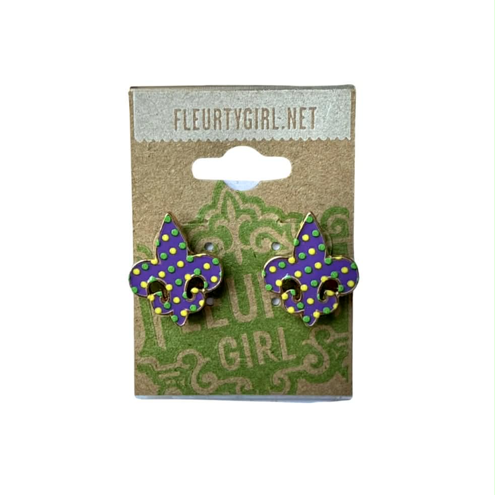 Mardi Gras Polka Dot Fleur de Lis Stud Earrings