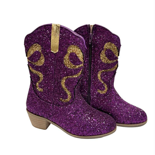 Purple & Gold Bow Glitter Boots