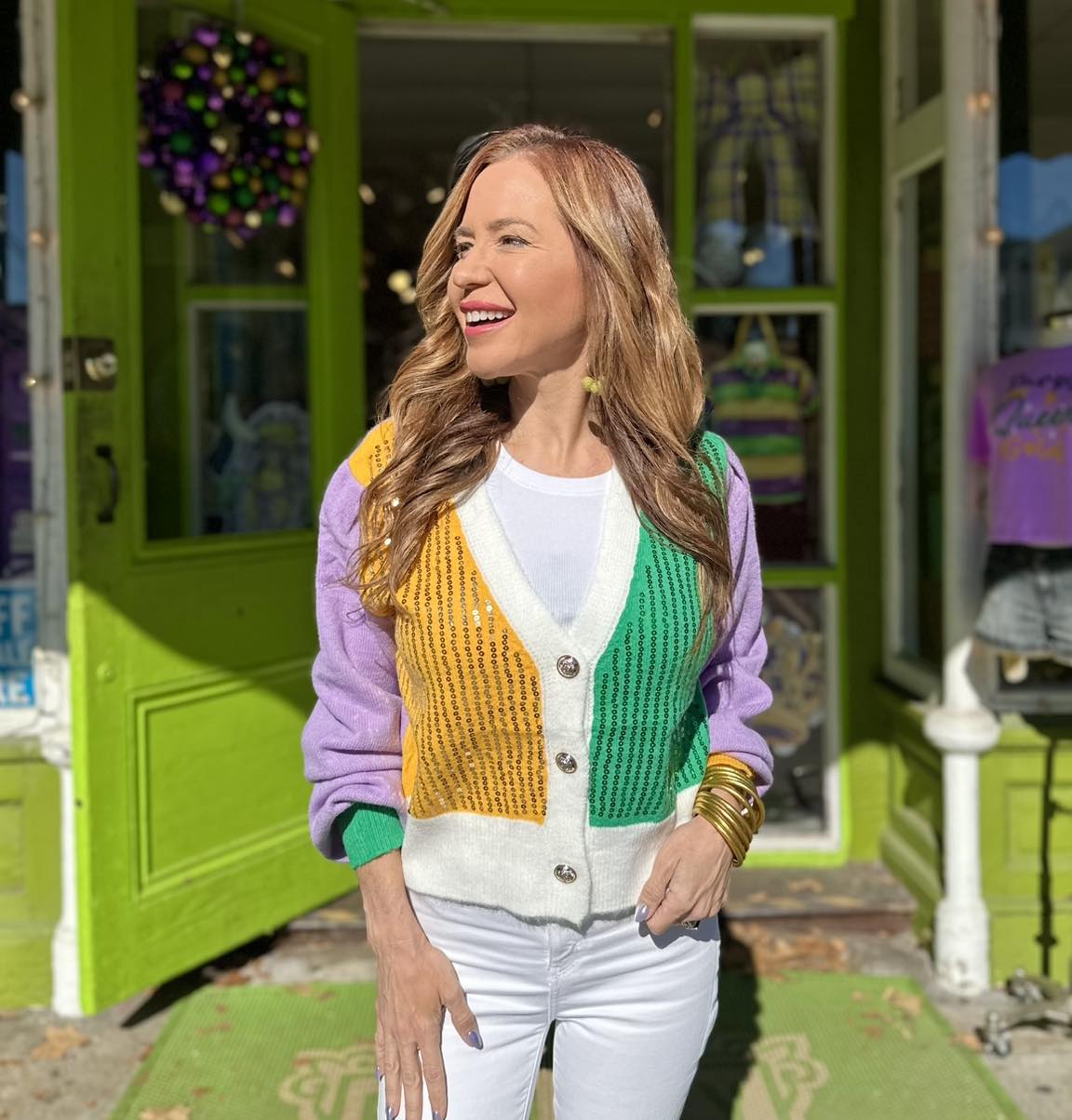 Mardi Gras Sequin Color Block Cardigan