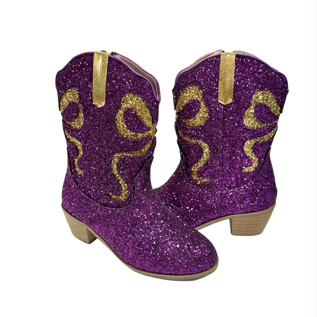 Purple & Gold Bow Glitter Boots