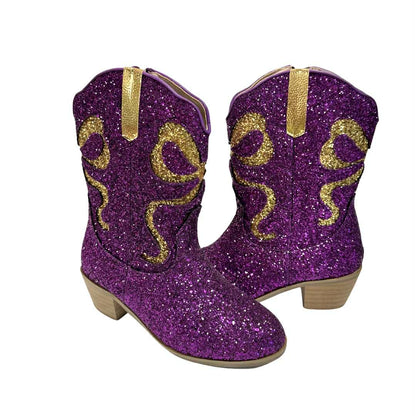Purple & Gold Bow Glitter Boots
