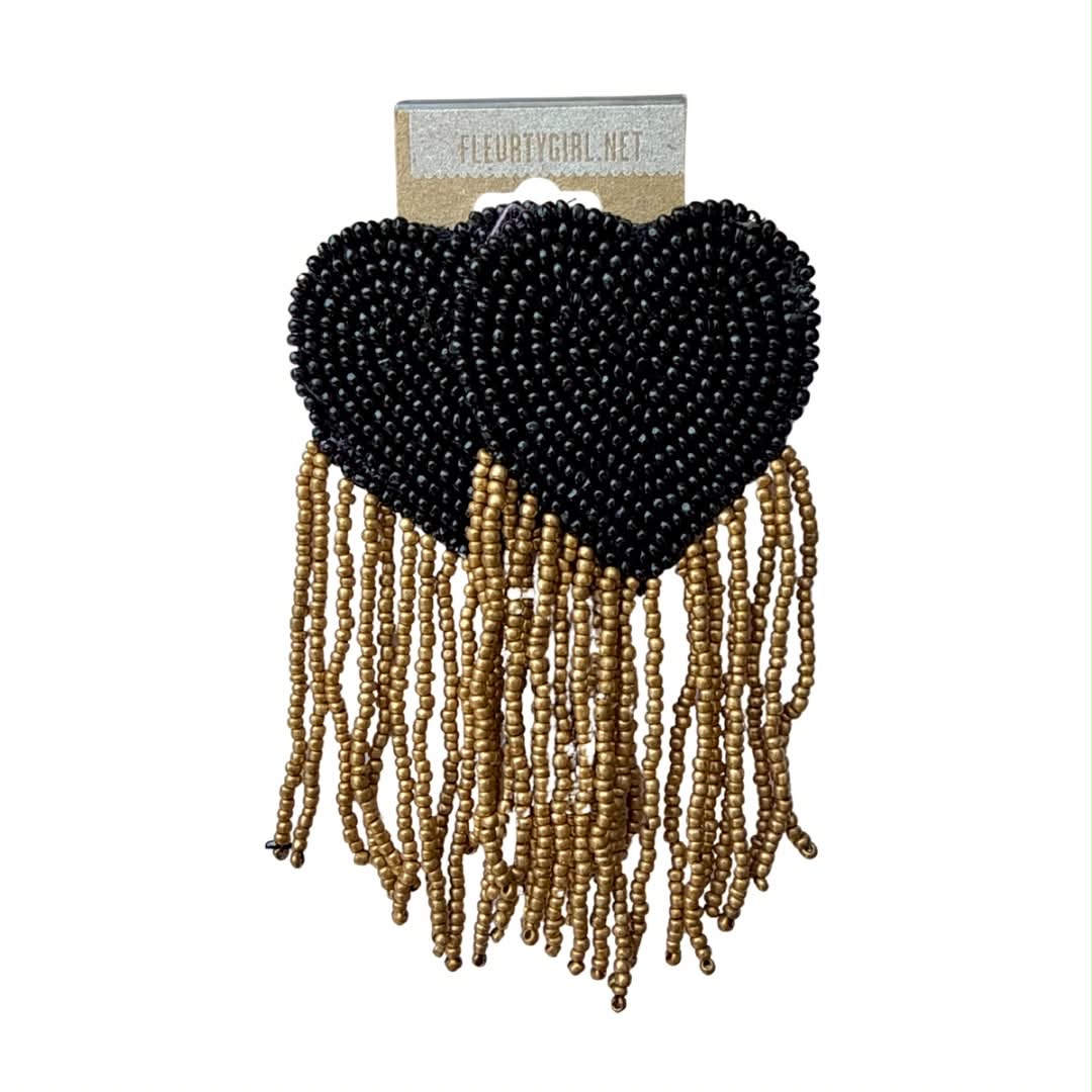 Beaded Heart Fringe Earrings, Black & Gold