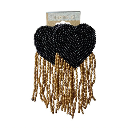 Beaded Heart Fringe Earrings, Black & Gold
