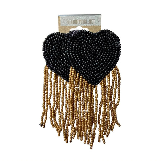 Beaded Heart Fringe Earrings, Black & Gold