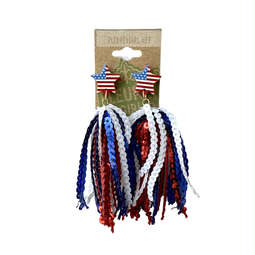Flag Star Post Fringe Tassel Earrings
