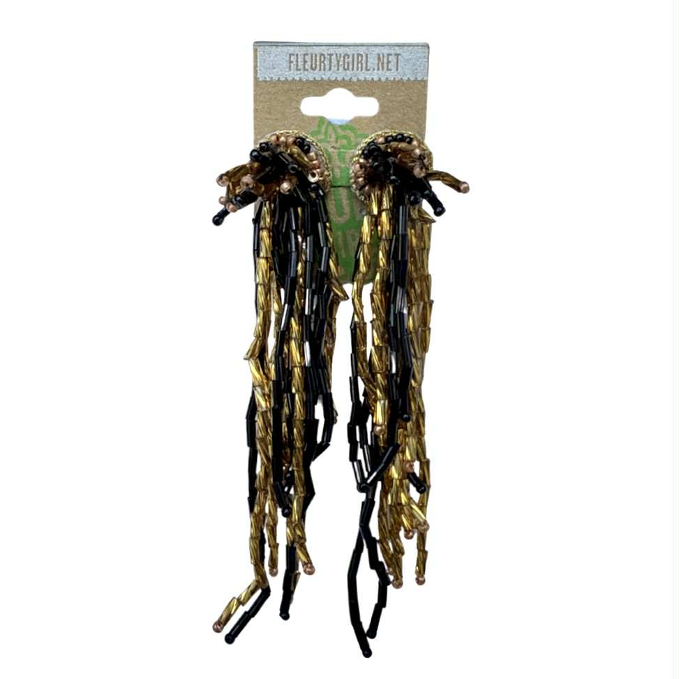 Beaded Dangle Fringe Earrings, Black & Gold