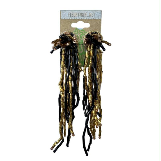 Beaded Dangle Fringe Earrings, Black & Gold