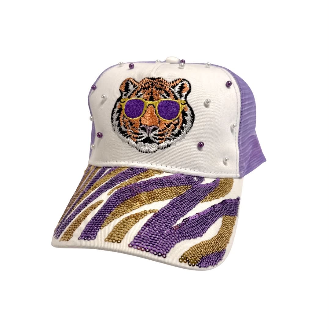 Sequin Tiger Stripe Trucker Hat with Pearls