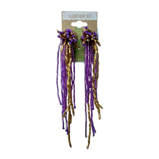 Beaded Dangle Fringe Earrings, Purple & Gold