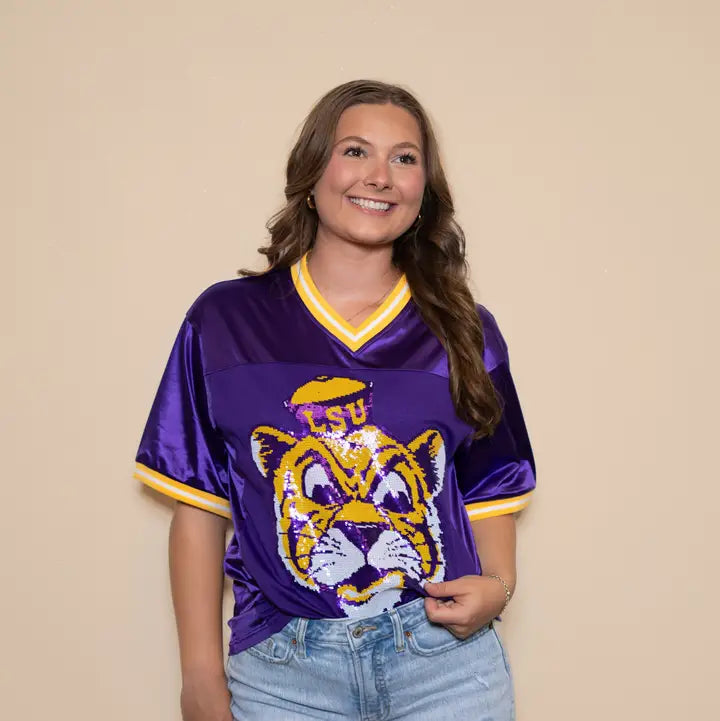 Vintage Geaux Mike Sequin Football Jersey, Purple
