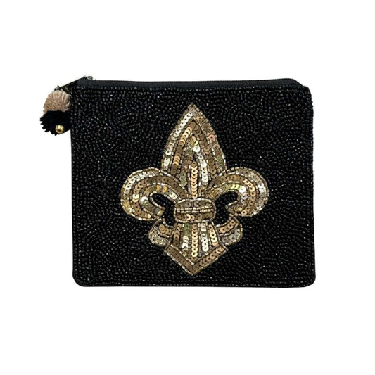 Black & Gold Fleur de Lis Beaded Pouch