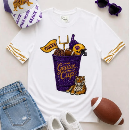 Geaux Cup Sequin Tee, Purple & Gold