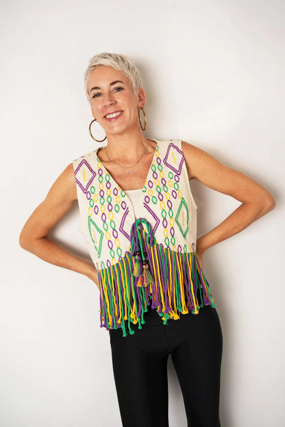 Mardi Gras Fringe Embroidered Vest