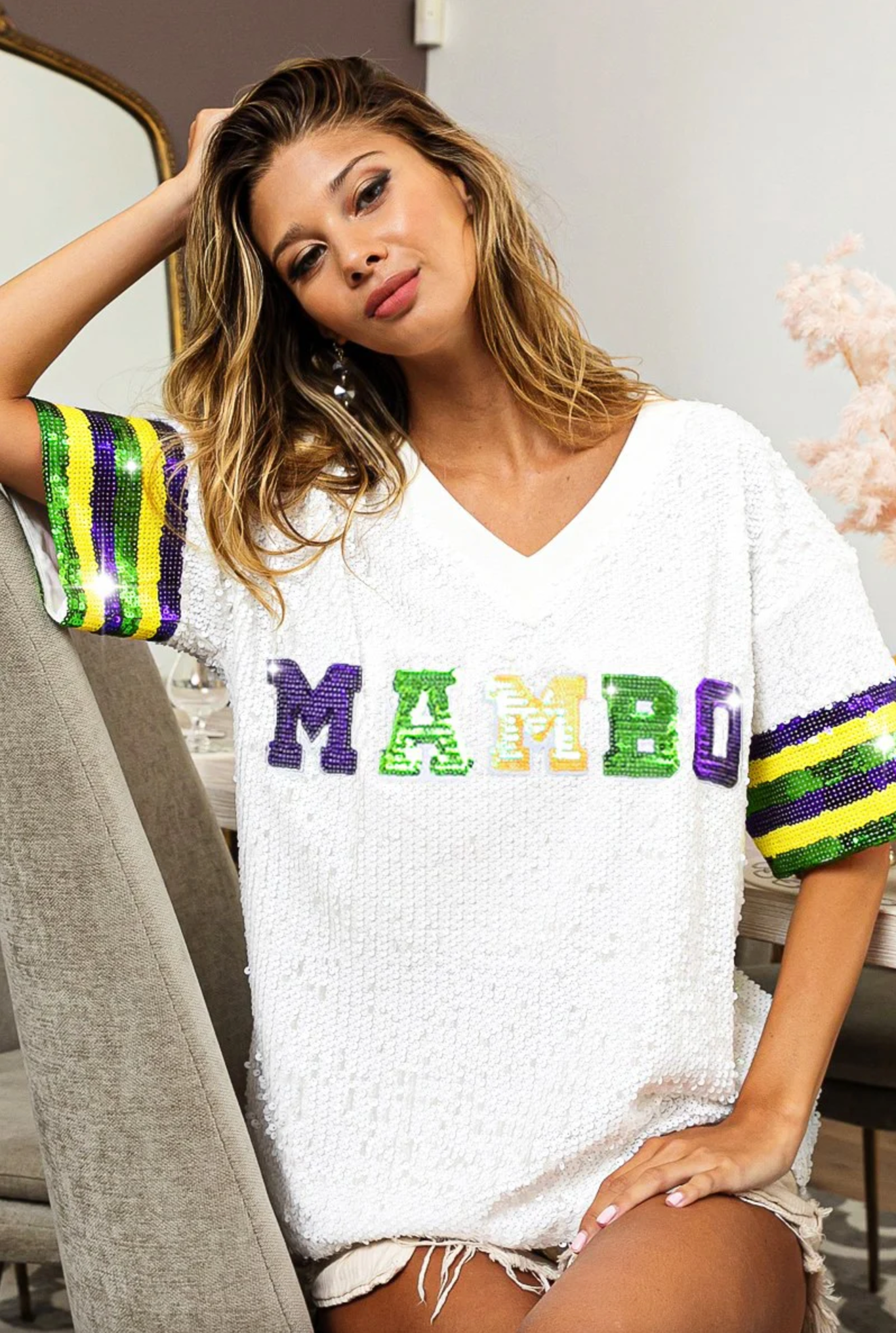 Mambo Sequin V-Neck, White