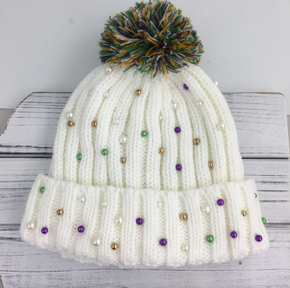 Mardi Gras Pearls Beanie with Pom