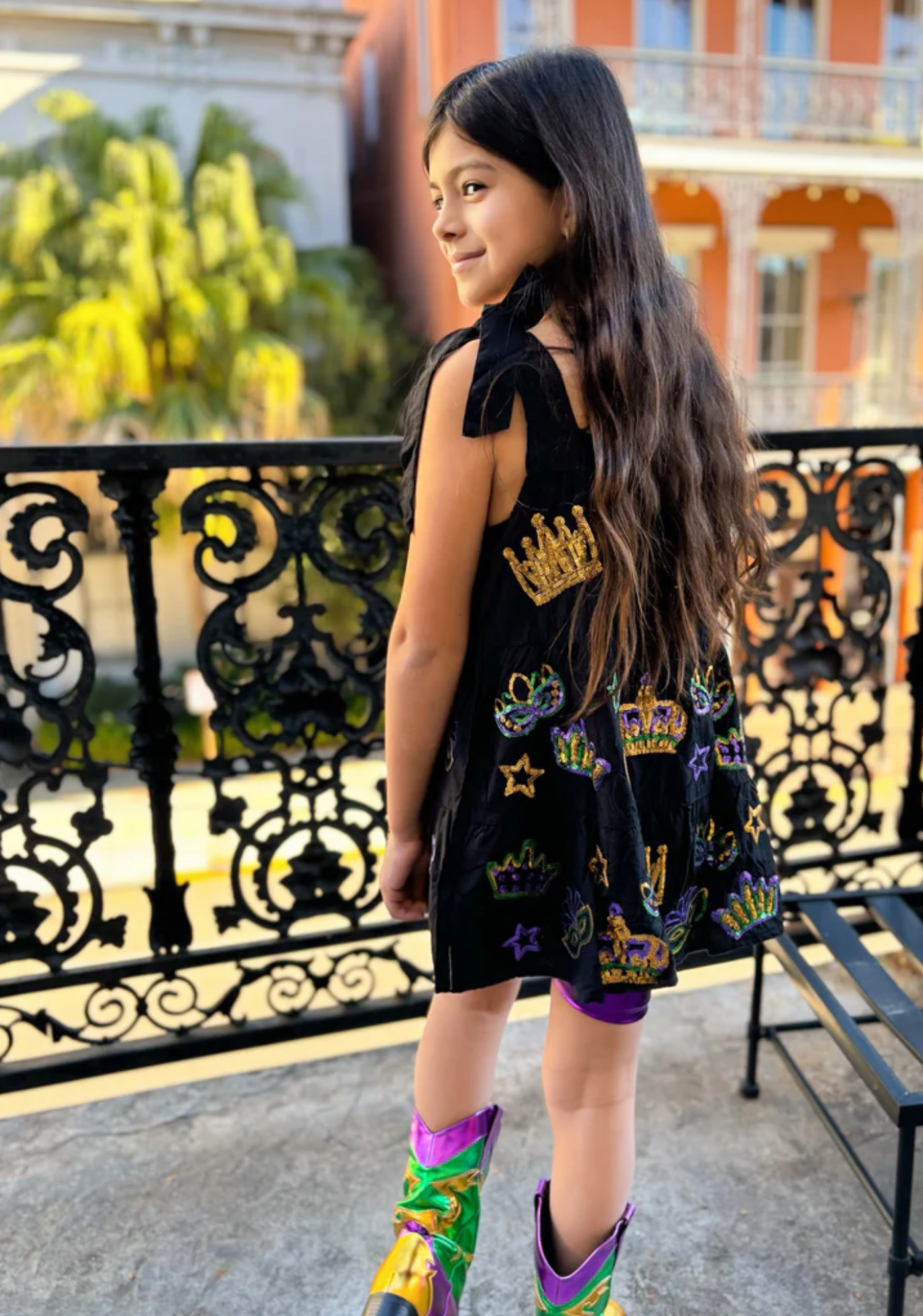 Black Mardi Gras Sequin Icons Dress, Kids