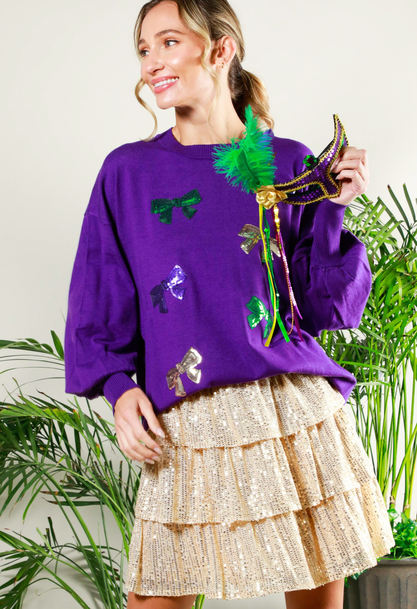 Mardi Gras Sequin Bows Sweater