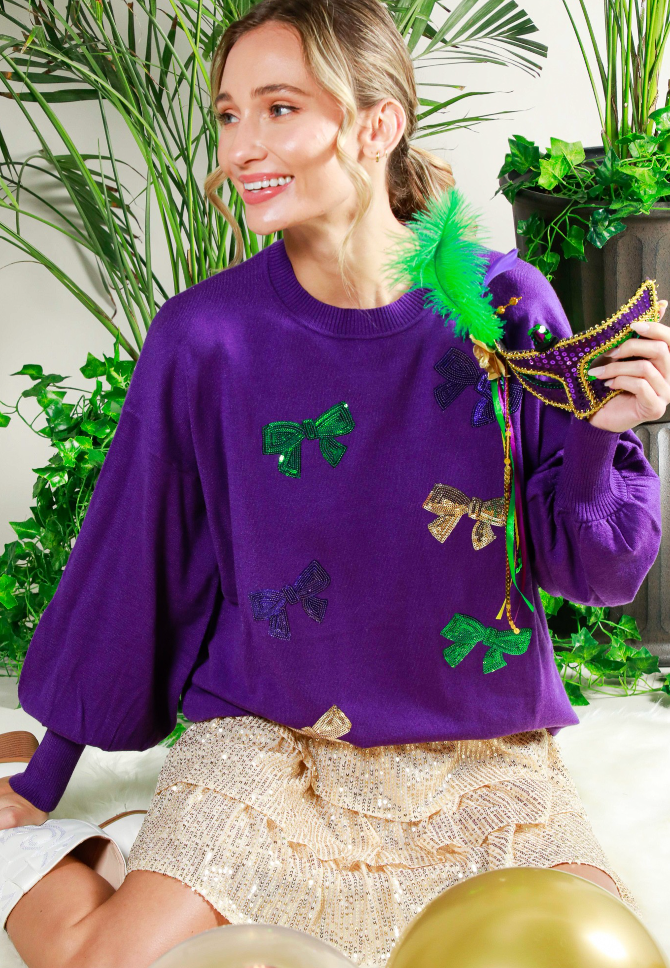 Mardi Gras Sequin Bows Sweater