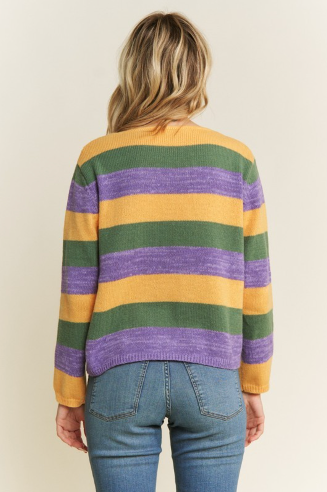 Mardi Gras Muted Stripe V-Neck Sweater