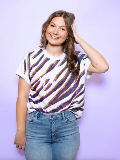 Sequin Tiger Stripe Cuff Sleeve Top
