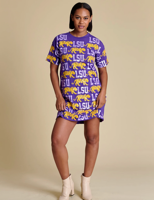 Purple & Gold Sequin Repeat T-Shirt Dress